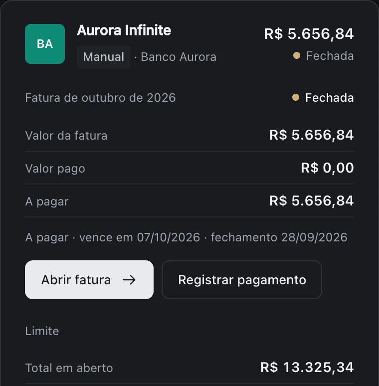 Cartão Aurora Infinite: fatura de outubro de R$&nbsp;5.656,84, fechada, a pagar em 07/10/2026, com R$&nbsp;14.674,66 de limite disponível.