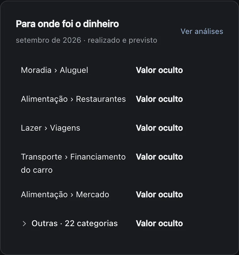 Para onde foi o dinheiro com o modo privacidade ligado: as categorias aparecem e os valores ficam ocultos.