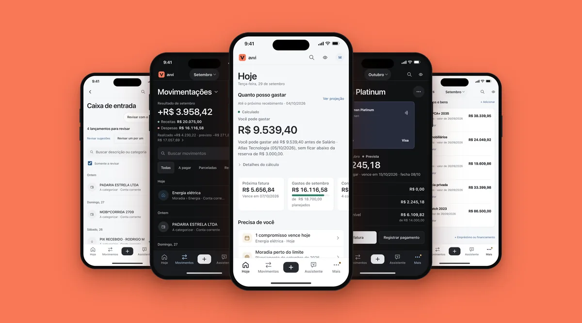 Cinco telas do Avvi no celular, em tema claro e escuro: Caixa de entrada, Movimentações, Hoje, cartão de crédito e patrimônio.