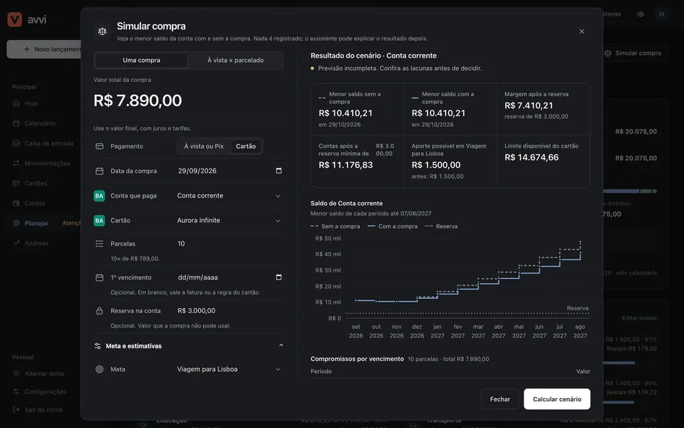 Simular compra: uma compra de R$&nbsp;7.890,00 em 10 parcelas no cartão, com o menor saldo da conta com e sem a compra, a margem após a reserva e o gráfico do saldo até agosto de 2027.