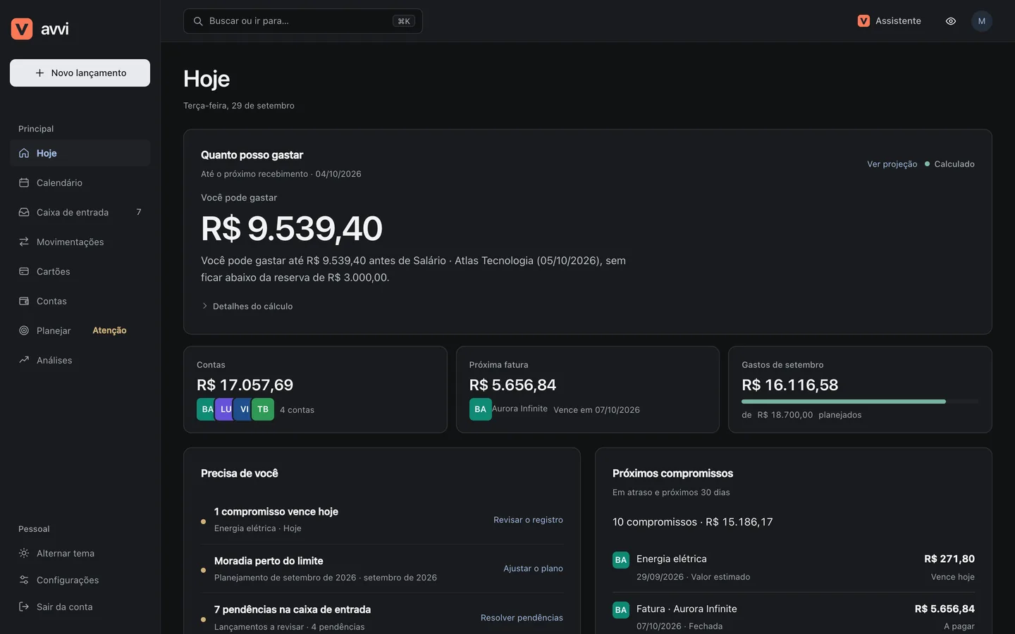 Tela Hoje do Avvi no computador: você pode gastar R$&nbsp;9.539,40 até o próximo recebimento sem ficar abaixo da reserva de R$&nbsp;3.000,00. Abaixo, contas, próxima fatura, gastos do mês e o que precisa de você.